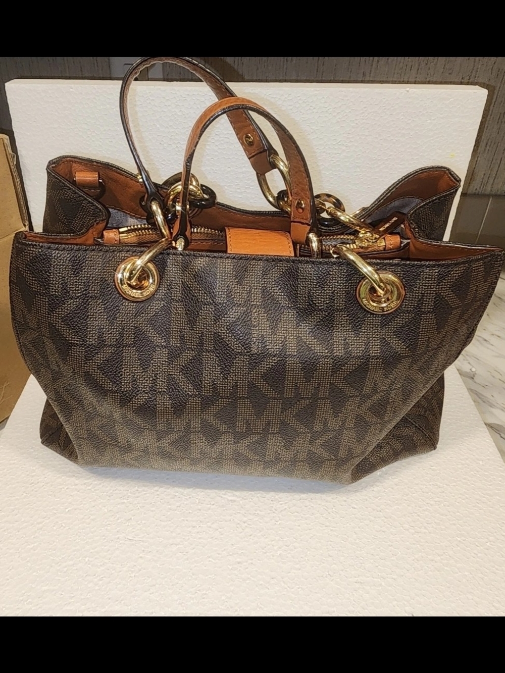 Michael Kors Brown MK Monogram Tote with Gold Hardware